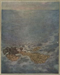 "Once more she looked at the prince, with her eyes already dimmed by death, then dashed overboard and fell, her body dissolving into foam." Illustration by Edmund Dulac for Hans Christian Andersen's "The Little Mermaid".