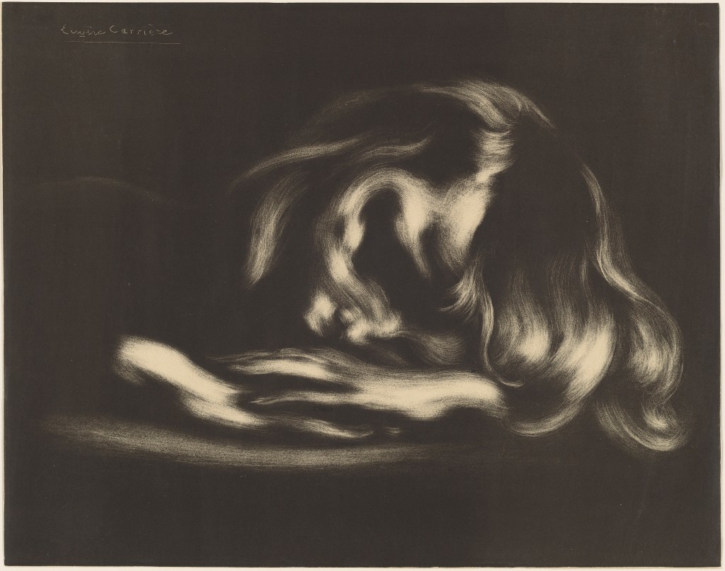 lithograph of woman asleep, her head on her hands